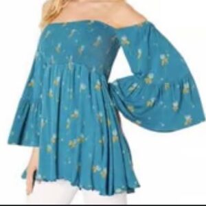 Free People Lana Off Shoulder Teal Floral Print Flared Sleeve Sz L
